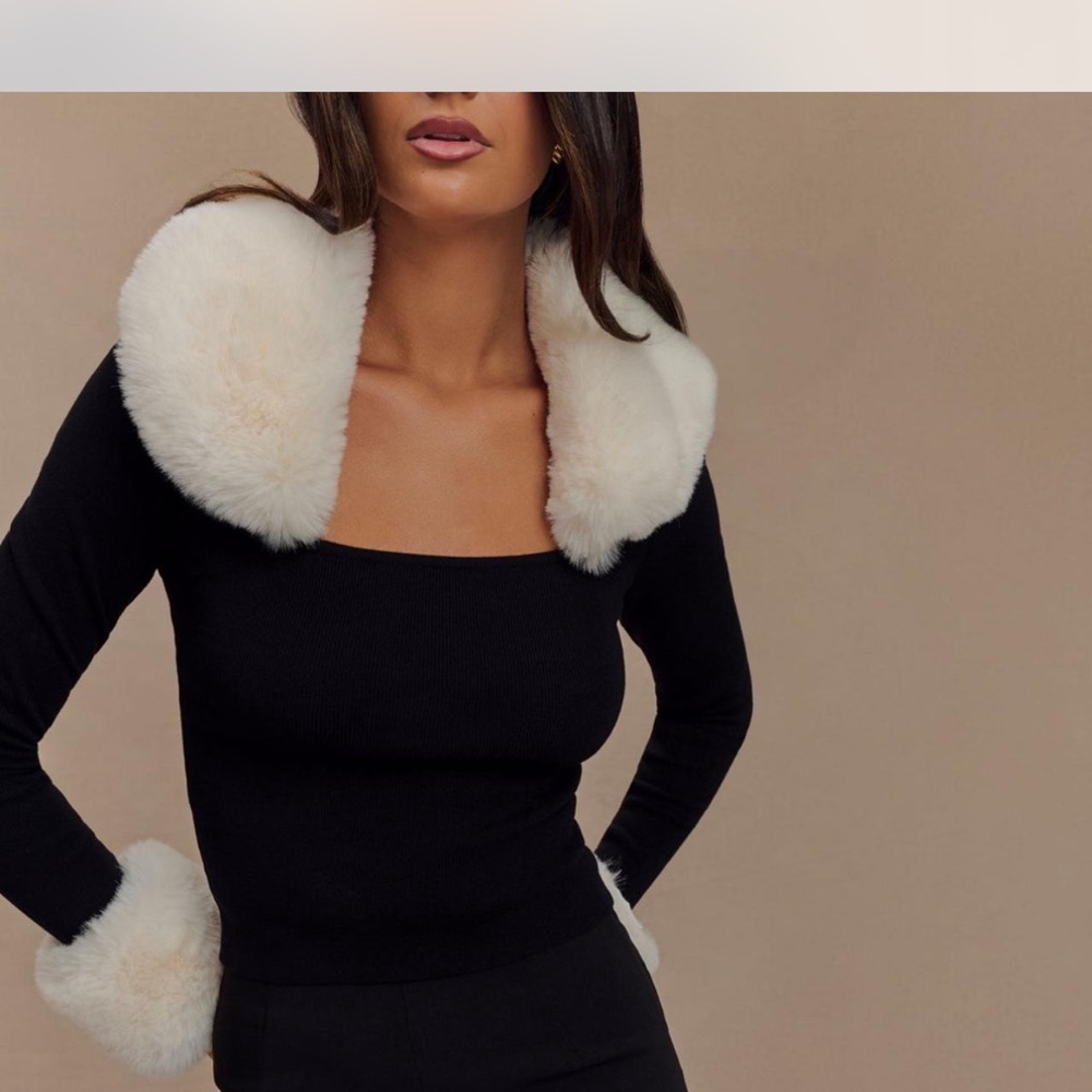Meshki Black and Cream Shrug with Luxurious Fur Trim